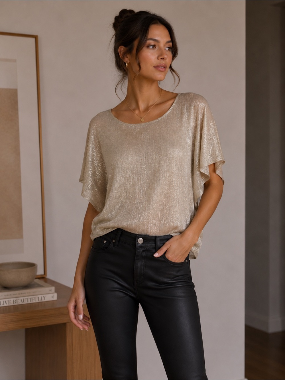 TanJay Shimmering Gold Metallic Blouse Size S Holiday Party Shimmer Evening